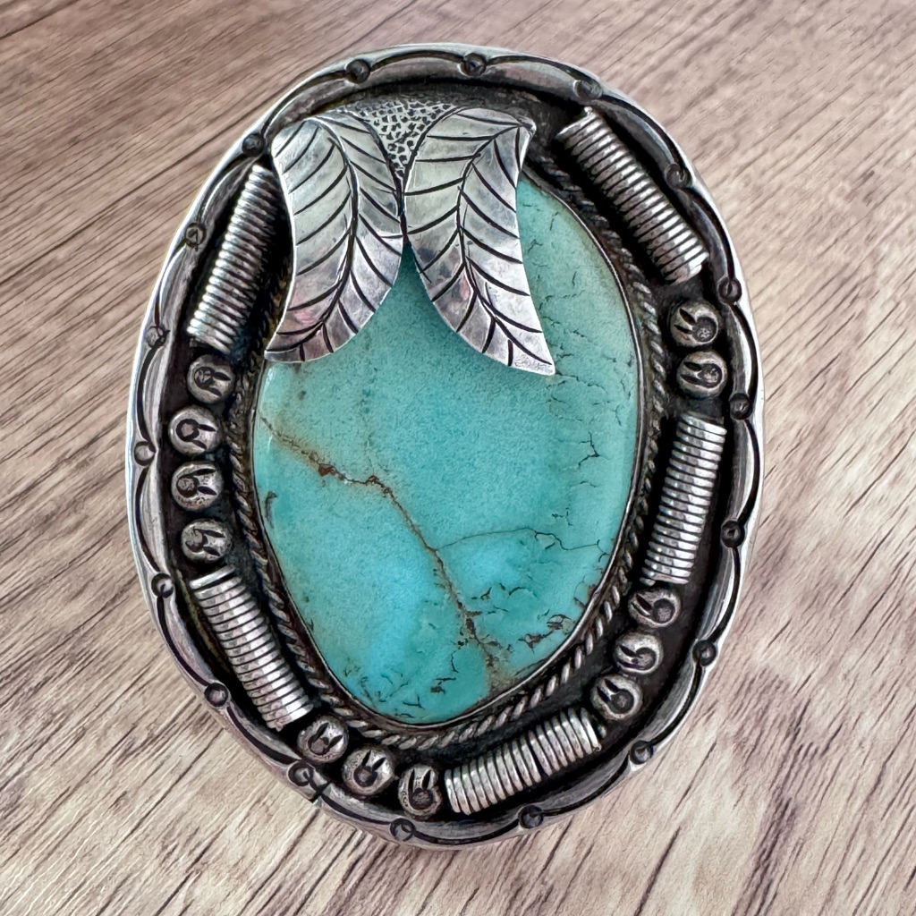 Old Pawn Huge Turquoise & Sterling Silver Leaf Coils Swirls Cuff